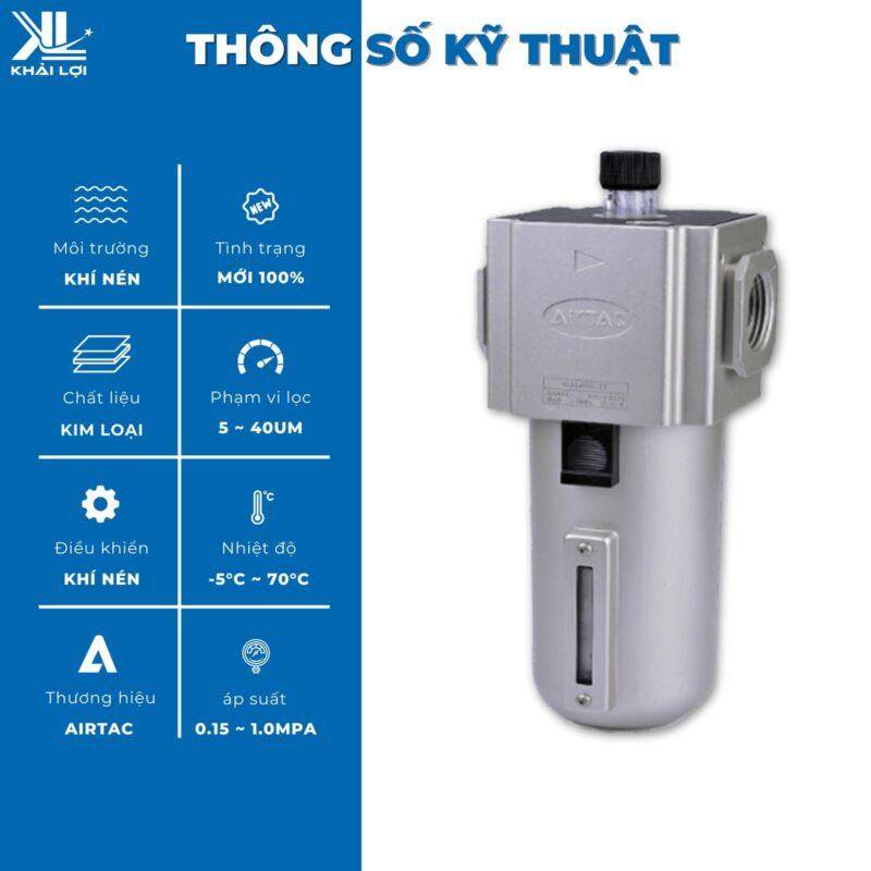 Thông số kỹ thuật "Bình Bôi Trơn Dầu Khí Nén AIRTAC GAL" của vật tư công nghiệp Khải Lợi.