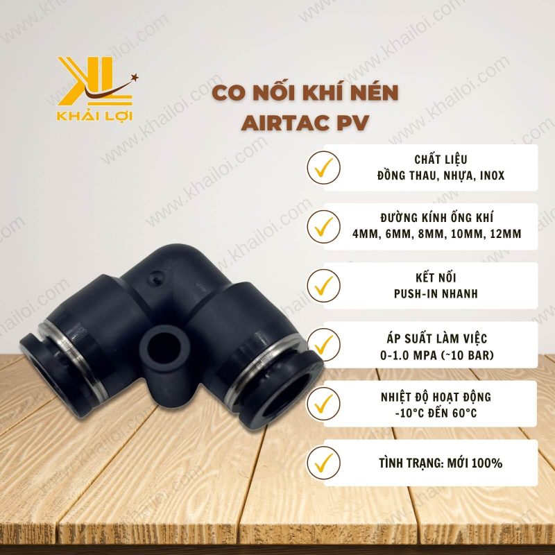 Thông số kỹ thuật Co Nối Khí Nén AIRTAC PV của Vật Tư Công Nghiệp Khải Lợi.