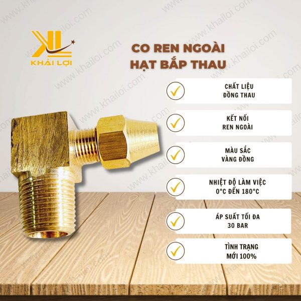 Thông tin kỹ thuật Co Ren Ngoài Hạt Bắp Thau của vật tư công nghiệp Khải Lợi.