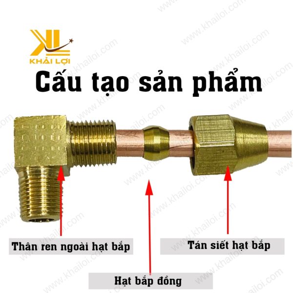 Sơ đồ cấu tạo của Co Ren Ngoài Hạt Bắp, chỉ rõ đầu nối nén và đầu ren ngoài.