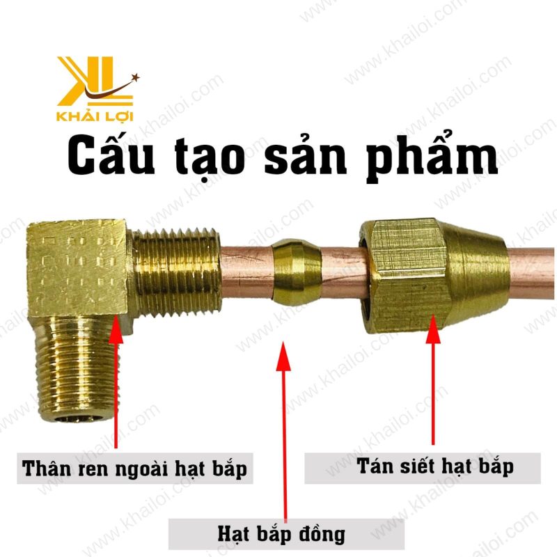 Sơ đồ cấu tạo của Co Ren Ngoài Hạt Bắp, chỉ rõ đầu nối nén và đầu ren ngoài.