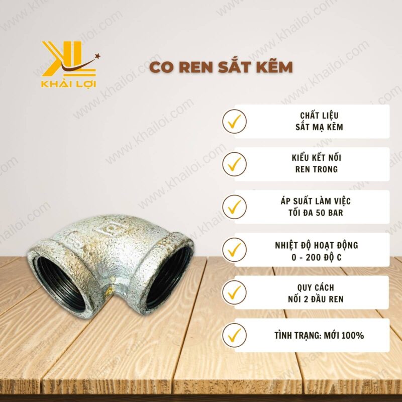 Thông số kỹ thuật Co ren sắt kẽm của vật tư công nghiệp Khải Lợi.