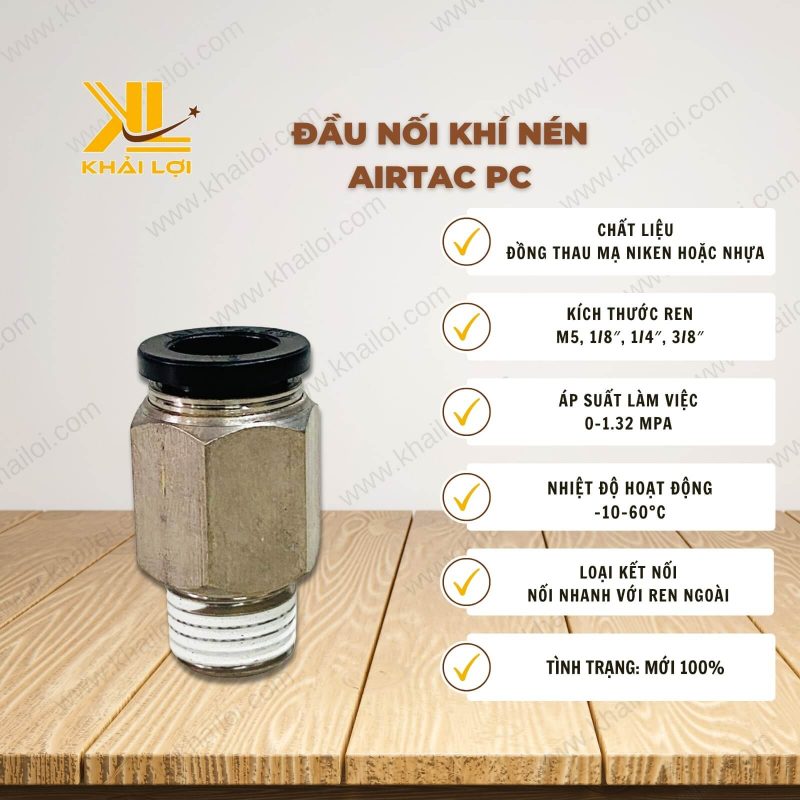 thông số kỹ thuật đầu nối khí nén AIRTAC PC của Vật tư công nghiệp Khải Lợi