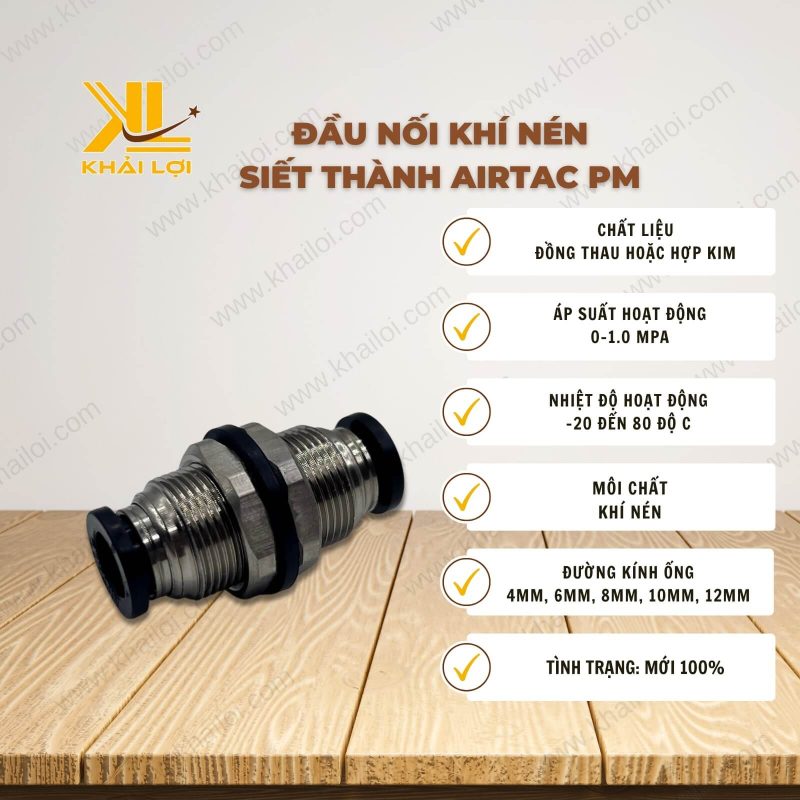 Thông số kỹ thuật Đầu Nối Khí Nén Siết Thành AIRTAC PM của Vật Tư Công Nghiệp Khải Lợi.