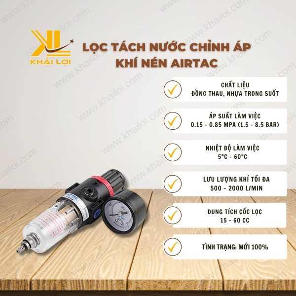 Thông số kỹ thuật lọc tách nước AIRTAC AFR của vật tư công nghiệp Khải Lợi.