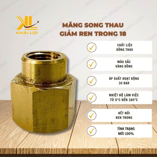 Thông tin kỹ thuật Măng song thau giảm ren trong 18 của vật tư công nghiệp Khải Lợi.