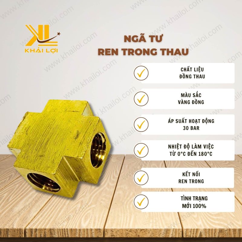 Thông tin kỹ thuật Ngã tư ren trong thau của vật tư công nghiệp Khải Lợi.