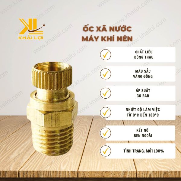 Thông tin kỹ thuật Ốc xả nước máy khí nén của Vật tư công nghiệp Khải Lợi.