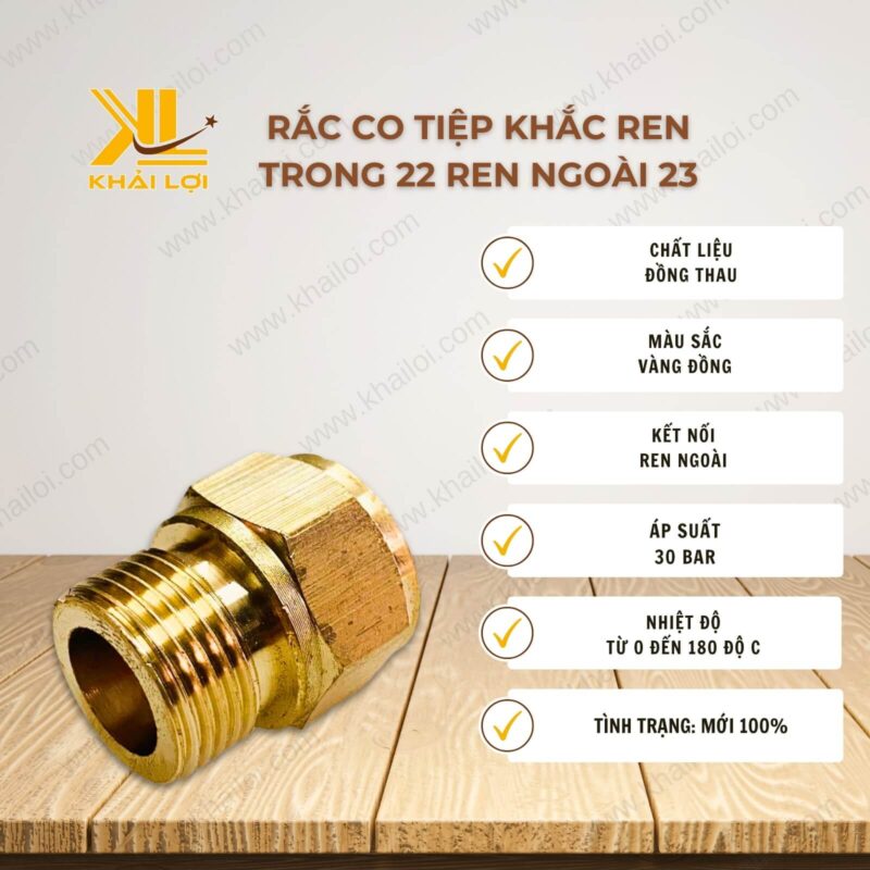 Thông số kỹ thuật Rắc co Tiệp Khắc ren trong 22 x ren ngoài 23 của Vật tư công nghiệp Khải Lợi.