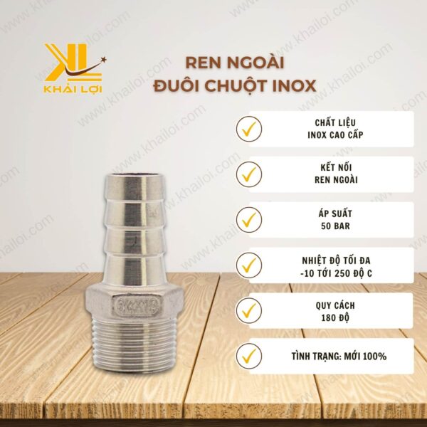 Thông số kỹ thuật ren ngoài đuôi chuột inox của Vật tư công nghiệp Khải Lợi.