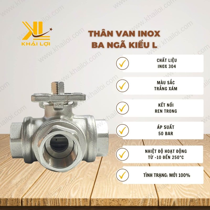 Thông tin kỹ thuật Thân van inox ba ngã kiểu L của vật tư công nghiệp Khải Lợi.