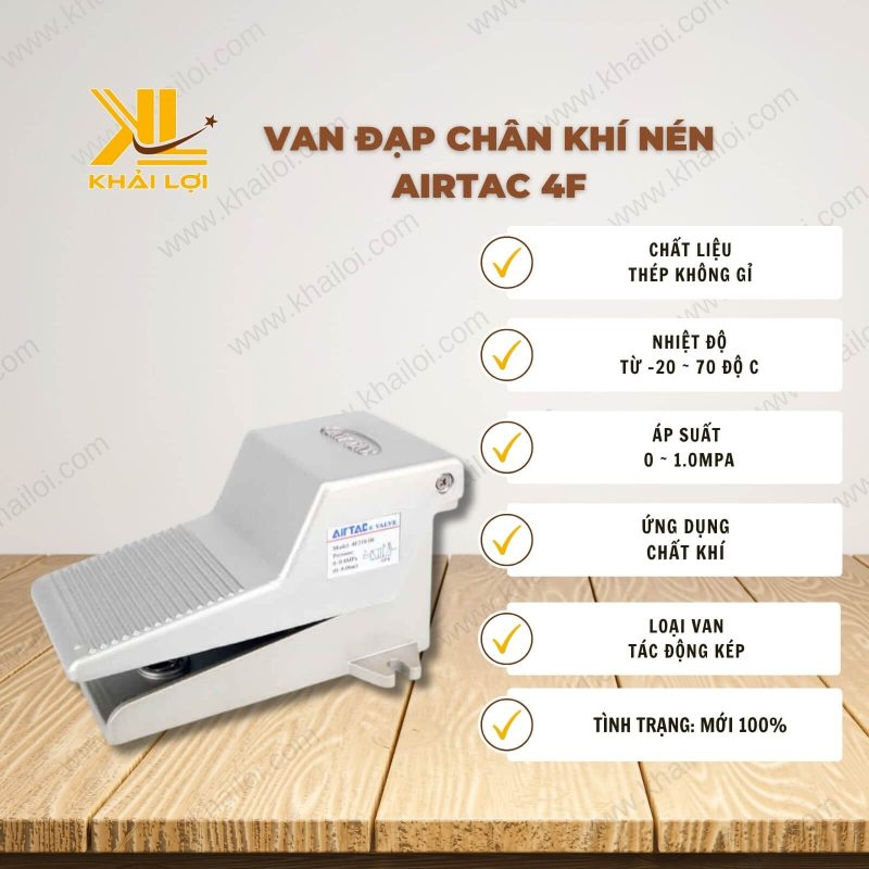 Thông số kỹ thuật: Van Đạp Chân Khí Nén Airtac 4F của Vật Tư Công Nghiệp Khải Lợi.