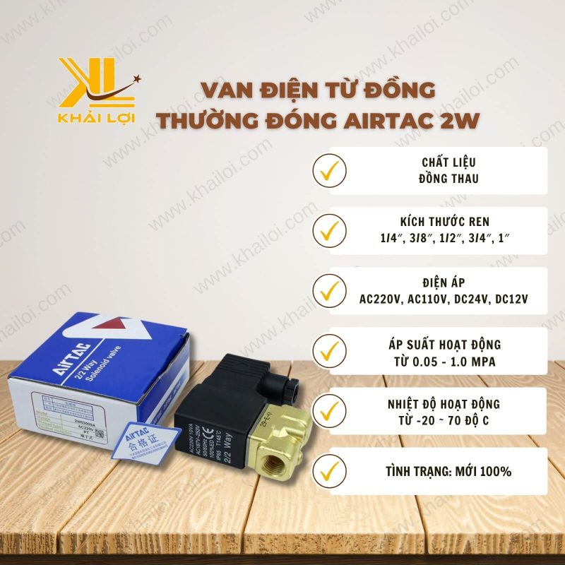 Thông số kỹ thuật Van Điện Từ Đồng Thường Đóng Airtac 2W của Vật Tư Công Nghiệp Khải Lợi.