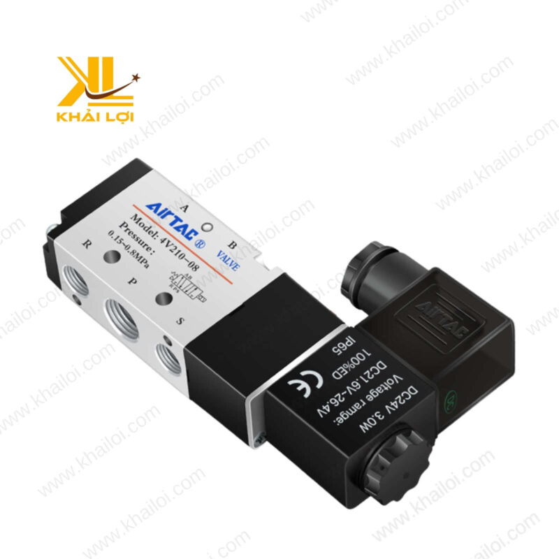 Mặt trước của van điện từ khí nén Airtac 4V, thể hiện rõ các điểm bắt vít chắc chắn trên thân van.