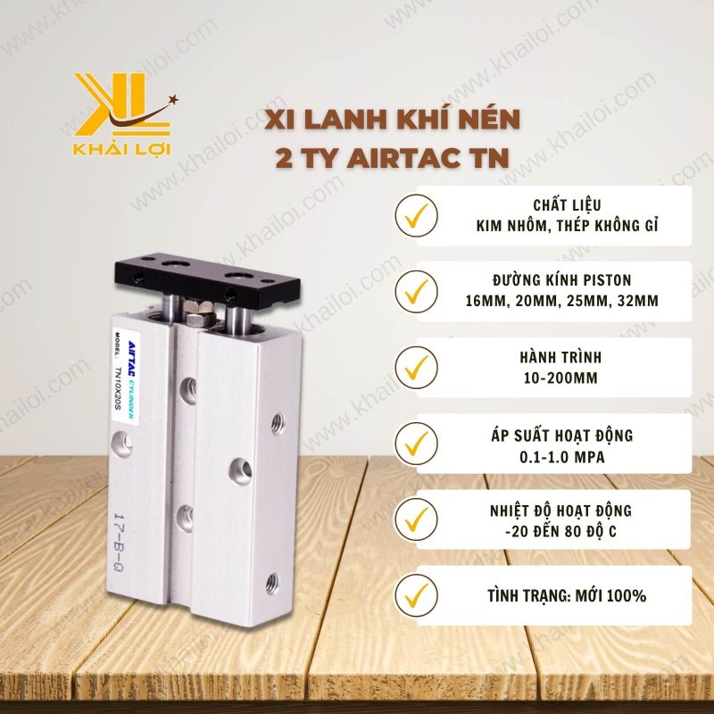 Thông số kỹ thuật Xi Lanh Khí Nén 2 Ty Airtac TN của Vật Tư Công Nghiệp Khải Lợi.