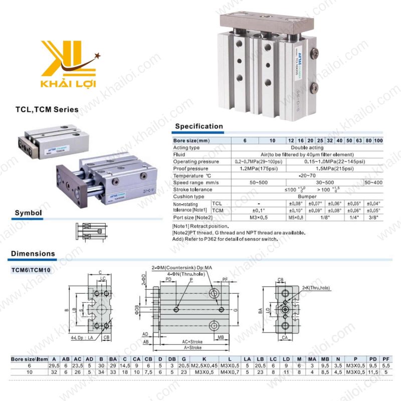 Xi lanh khí nén 3 ty AIRTAC TCL chịu nhiệt 70°C.