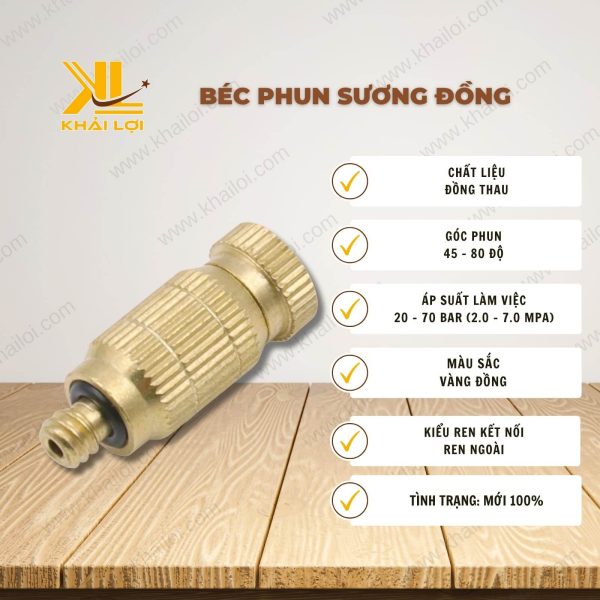Thông tin kỹ thuật béc phun sương đồng của Vật tư công nghiệp Khải Lợi.