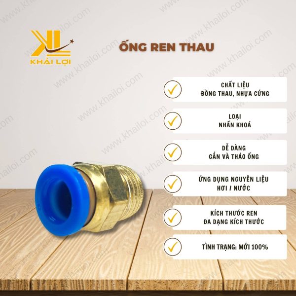 Cận cảnh đầu nối khí nén ren ngoài PC với các thông số kỹ thuật và logo "Vật tư công nghiệp Khải Lợi" rõ ràng, nổi bật.