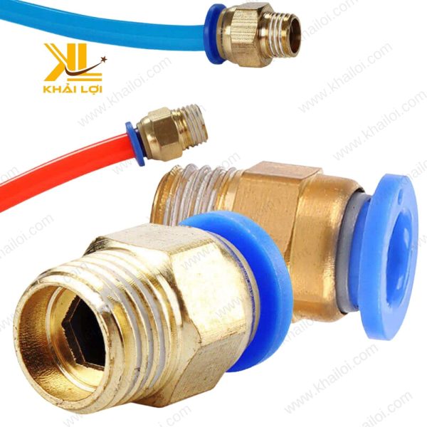 Đầu nối khí nén ren ngoài PC được kết nối với ống khí nén, minh họa cách sử dụng thực tế trong các hệ thống khí nén công nghiệp.