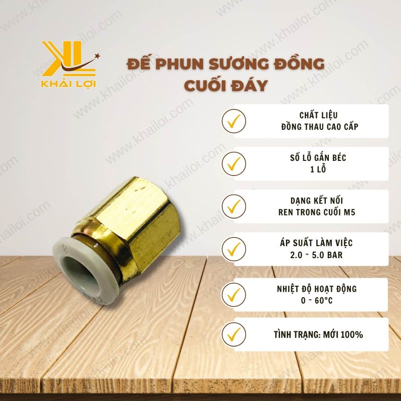 Thông số kỹ thuật: Đế Phun Sương Đồng Cuối Đáy Ren M5 của Vật Tư Công Nghiệp Khải Lợi.