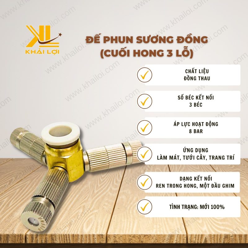 Thông số kỹ thuật Béc phun sương đồng thau vàng hai đầu phe nhựa.