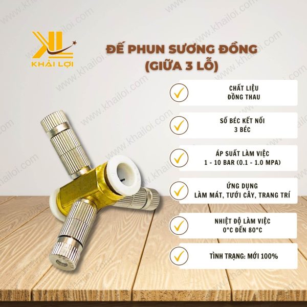 Thông số kỹ thuật của Đế phun sương đồng giữa 3 lỗ.