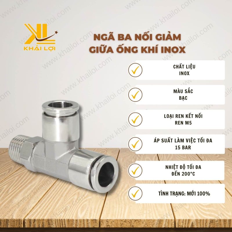 Thông tin kỹ thuật Ngã Ba Nối Ống Khí Ren Hong INOX (Ống 4 Ren M5) của vật tư công nghiệp Khải Lợi.