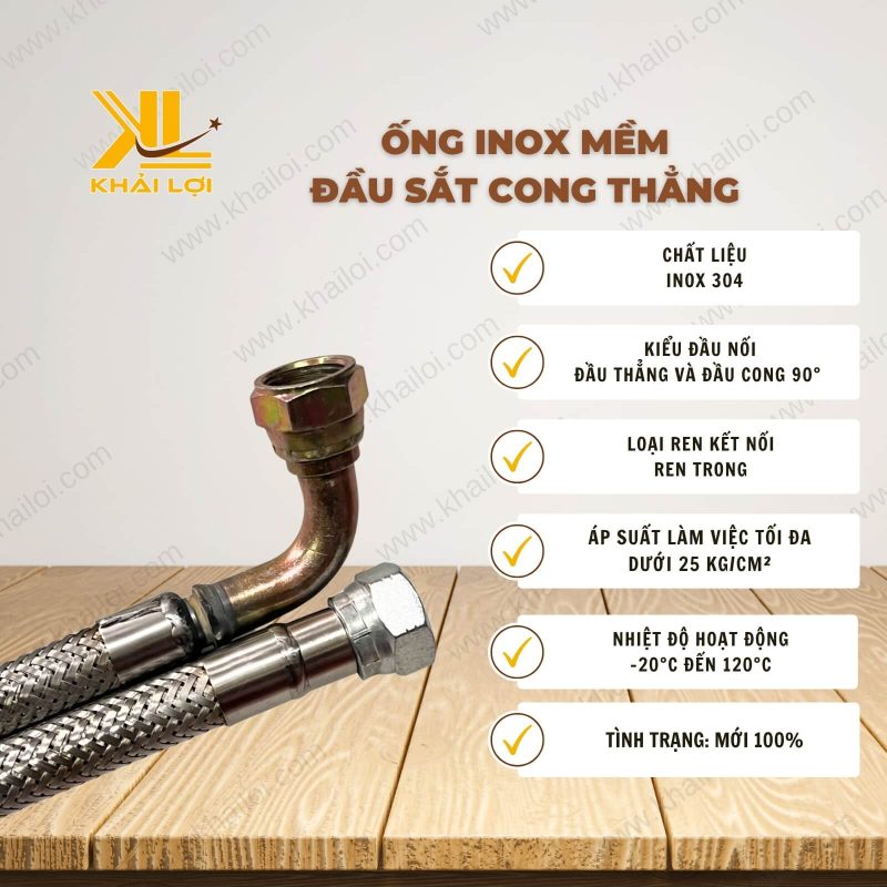 Thông tin kỹ thuật Ống INOX Mềm Đầu Sắt Cong Thẳng Số 10 của vật tư công nghiệp Khải Lợi.