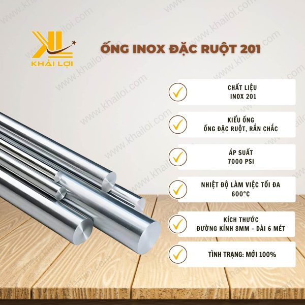 Thông tin kỹ thuật Ống INOX đặc ruột 201 8mm 6 mét của vật tư công nghiệp Khải Lợi.