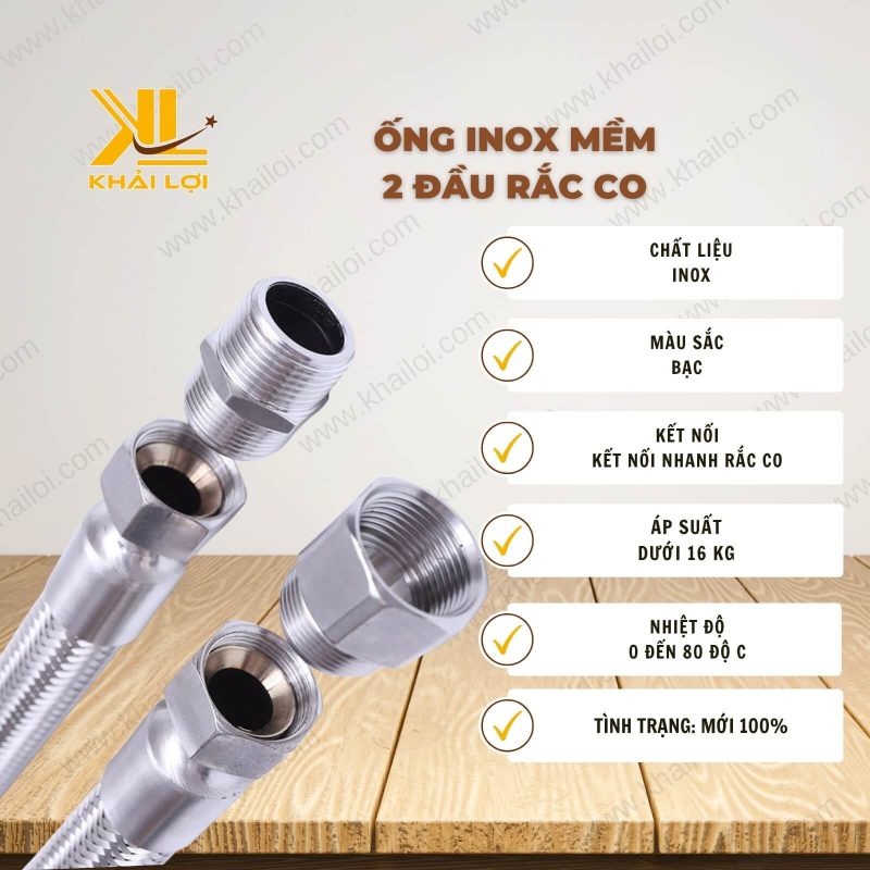 Thông số kỹ thuật chi tiết của Ống inox mềm 2 đầu rắc co do Khải Lợi phân phối.