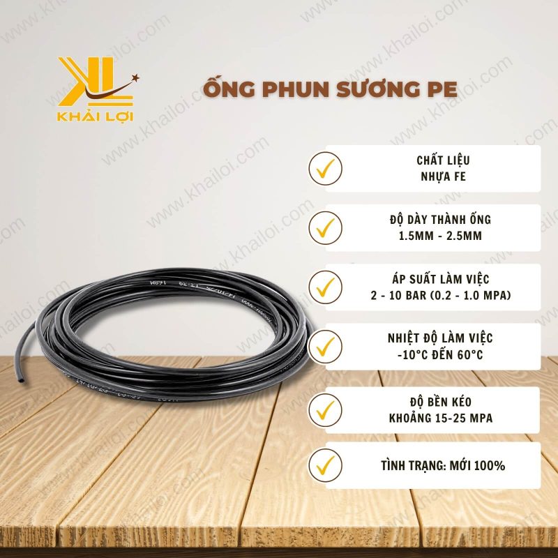 Thông tin kỹ thuật ống phun sương PE của vật tư công nghiệp Khải Lợi.