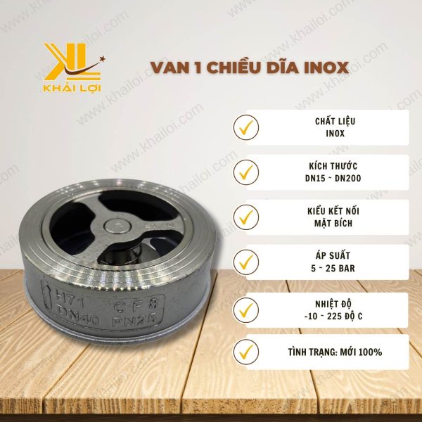 Thông số kỹ thuật của van 1 chiều đĩa inox của Vật tư công nghiệp Khải Lợi.