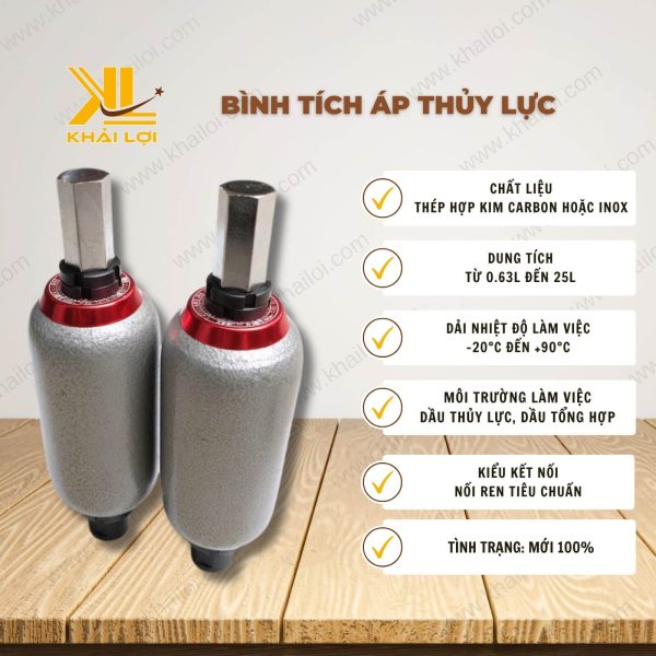 Thông số kỹ thuật bình tích áp thủy lực NXQA của vật tư công nghiệp Khải Lợi.
