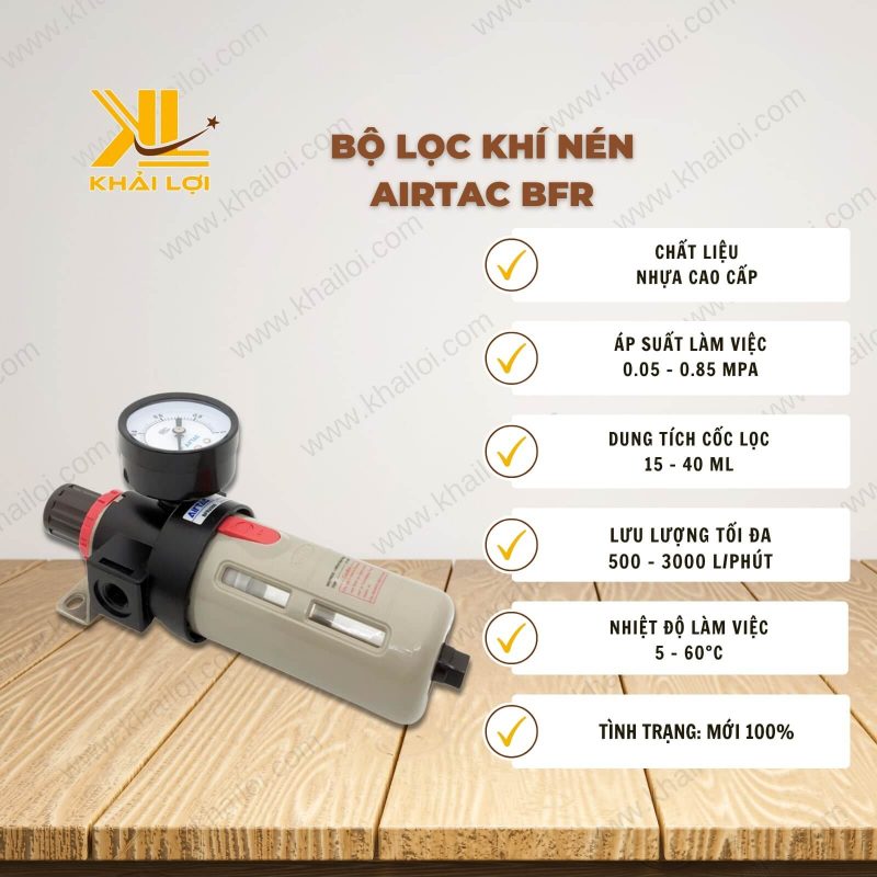 Chi tiết bộ lọc khí nén AIRTAC BFR, với các thông số kỹ thuật rõ ràng, phù hợp với nhu cầu sử dụng công nghiệp.