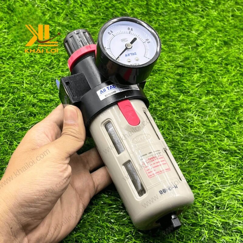 Bộ lọc khí nén AIRTAC BFR với vòi xả nước và bộ phận lọc, đảm bảo hiệu quả lọc khí tối ưu.