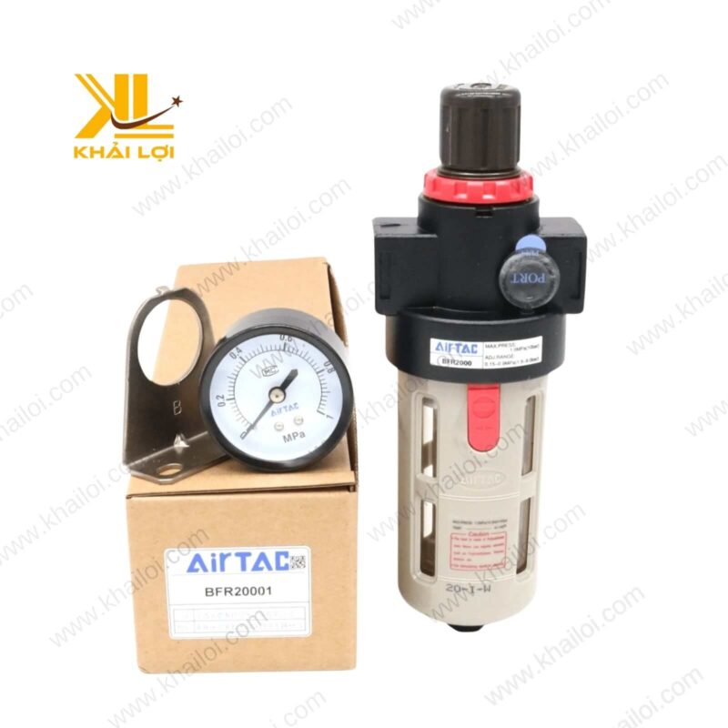Hình ảnh chi tiết của bộ lọc khí nén AIRTAC BFR, thể hiện phần thân kim loại chắc chắn và van điều chỉnh.