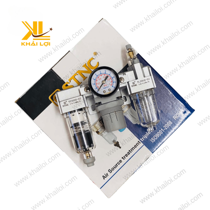Cận cảnh Bộ Lọc Ba Khí Nén STNC TC từ góc nhìn trực diện, cho thấy các bộ phận cấu thành và tính năng lọc chuyên nghiệp