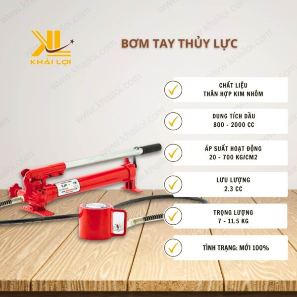 Thông số kỹ thuật Bơm tay thủy lực của Vật tư công nghiệp Khải Lợi.