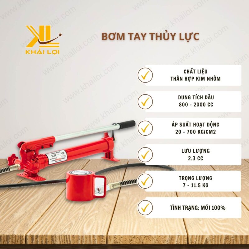 Thông số kỹ thuật Bơm tay thủy lực của Vật tư công nghiệp Khải Lợi.