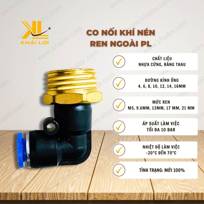 Thông số kỹ thuật Co nối khí nén ren ngoài PL của vật tư công nghiệp Khải Lợi.