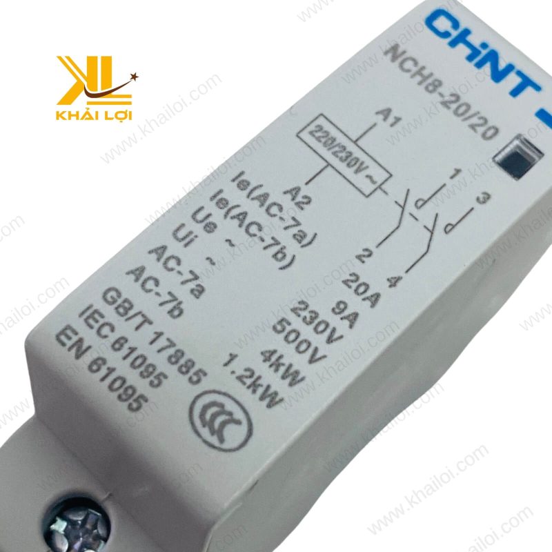 Mặt trước của công tắc tơ tép với thông số kỹ thuật và logo nhà sản xuất.