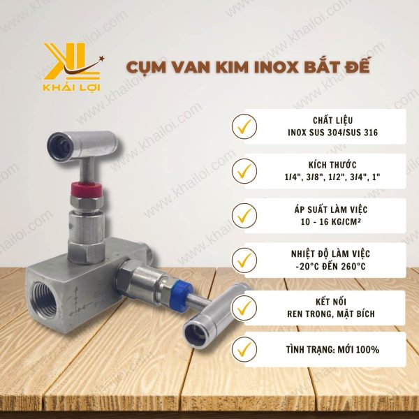 Thông số kỹ thuật Cụm van kim inox bắt đế của vật tư công nghiệp Khải Lợi.