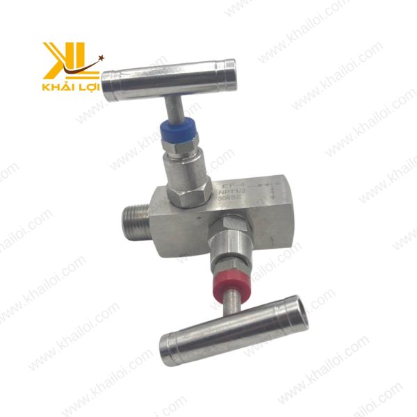 Cụm van kim inox bắt đế trên nền trắng, nổi bật thân inox.