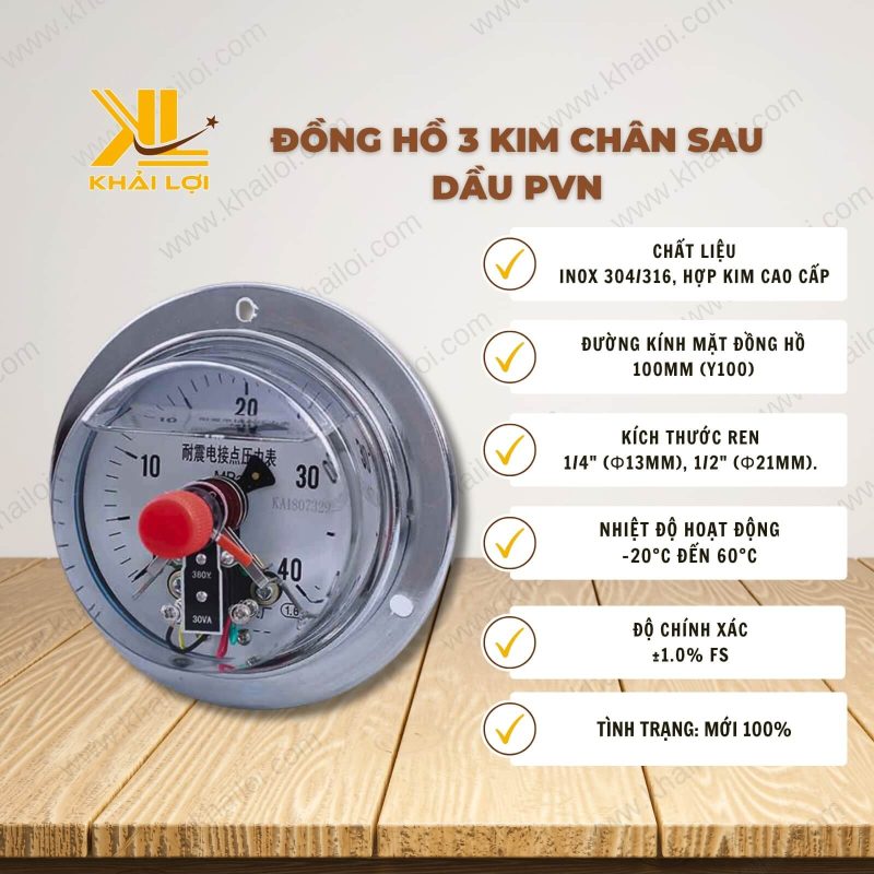 Thông số kỹ thuật Đồng hồ 3 kim chân sau dầu pvn của vật tư công nghiệp Khải Lợi