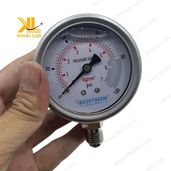 Cận cảnh mặt số đồng hồ áp suất HOLLAND, hiển thị rõ ràng với các dải đo chi tiết