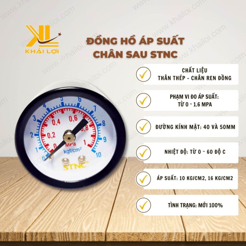 Thông số kỹ thuật đồng hồ áp suất chân sau STNC của vật tư công nghiệp Khải Lợi.