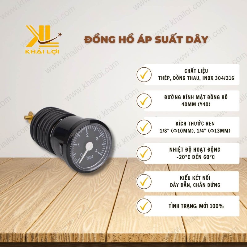Thông số kỹ thuật của Đồng Hồ Áp Suất Dây Y40 của vật tư công nghiệp Khải Lợi.