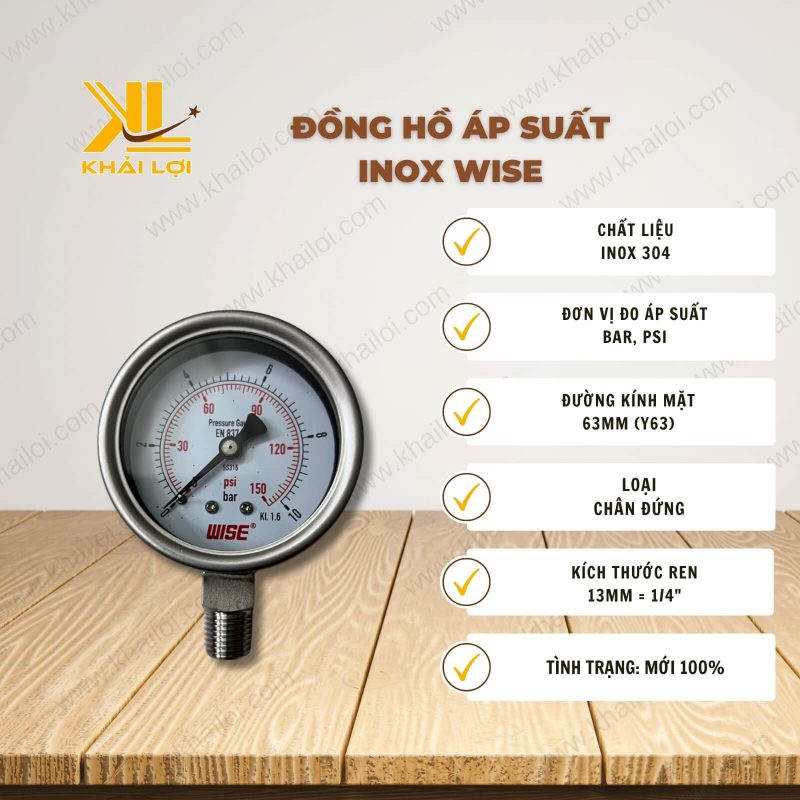 Thông số kỹ thuật Đồng Hồ Áp Suất Inox WISE của vật tư công nghiệp Khải Lợi