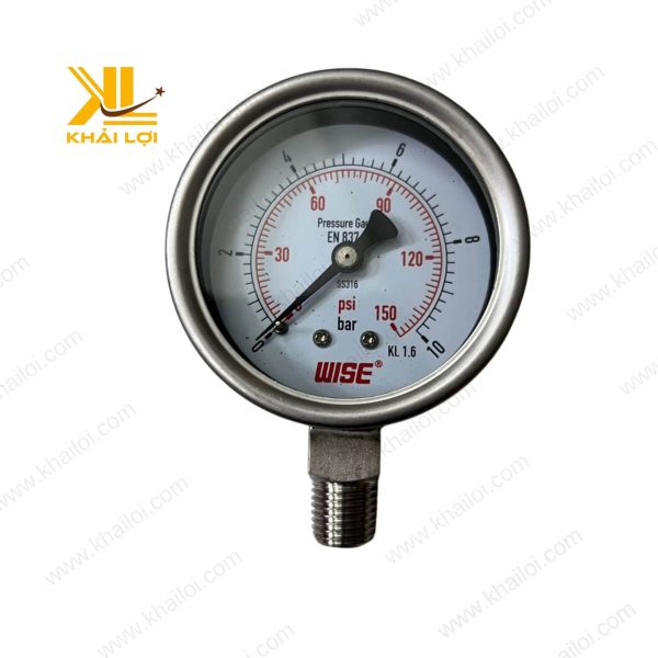 Hình ảnh cận cảnh đồng hồ áp inox WISE với mặt số hiển thị rõ ràng và vạch chia chính xác.