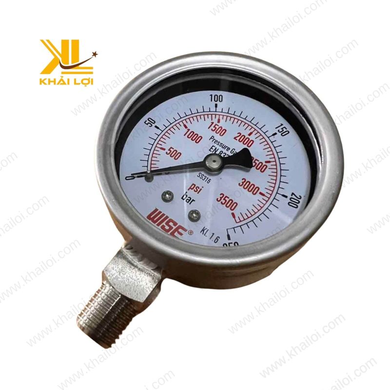 Đồng hồ áp inox WISE với vỏ inox sáng bóng, đảm bảo tính thẩm mỹ và khả năng chống ăn mòn.